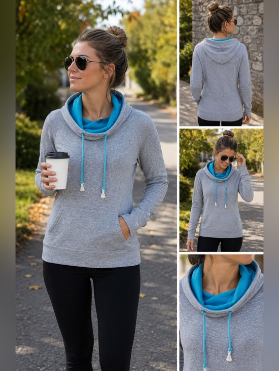 PattyBoutik Tops - Patty Boutik Cowl Neck Hoodie Gray Blue Pullover Sweatshirt L